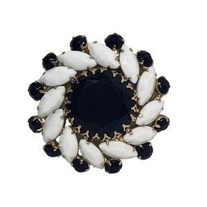 Schreiner Gold Tone, Milk Glass And Black Faceted Glass Stones Brooch (5135)